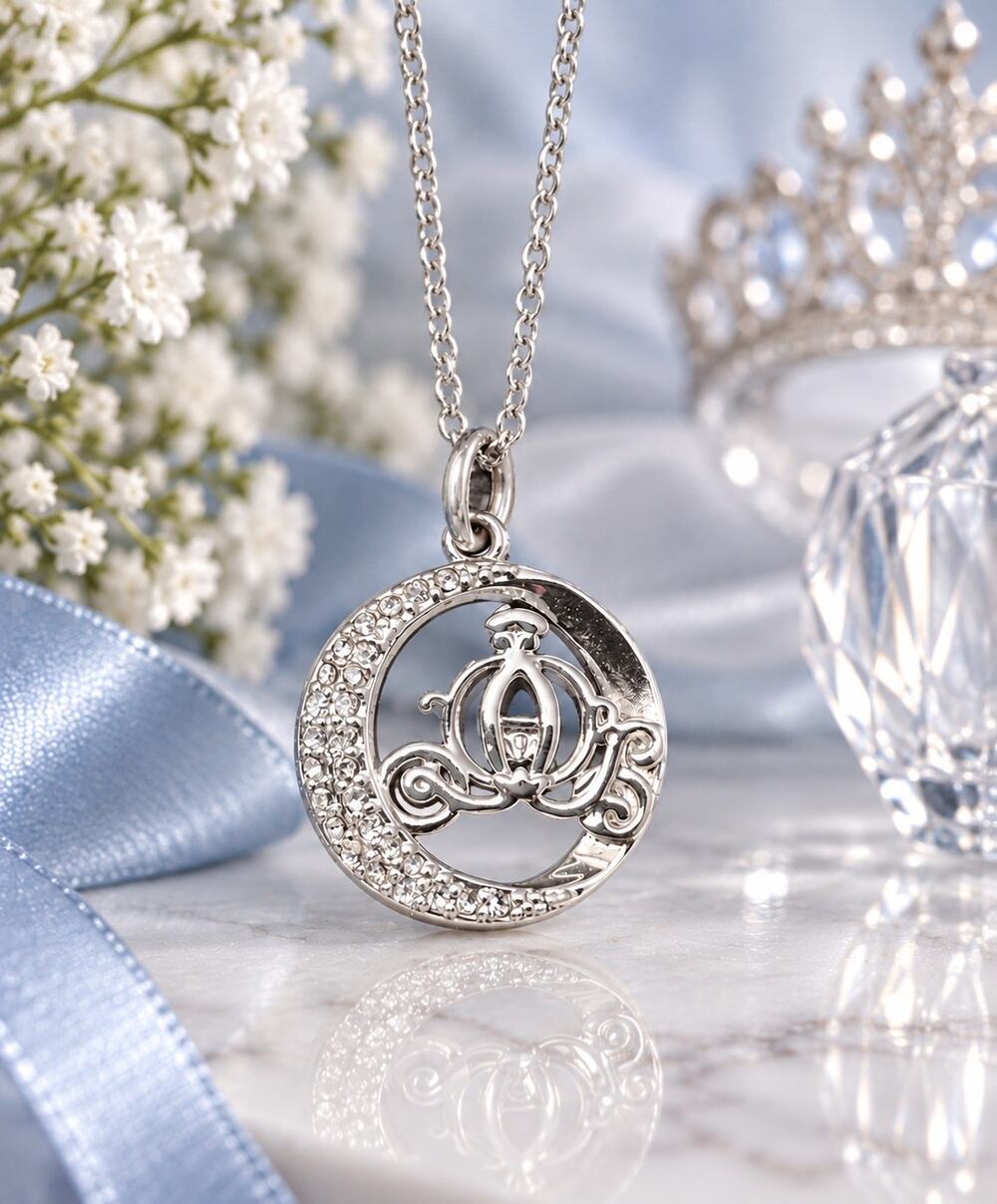 Disney Cinderella Pumpkin Carriage A Night To Sparkle Necklace 9 in Silver Tone